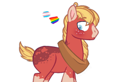 Size: 956x617 | Tagged: safe, artist:thatonefluffs, imported from derpibooru, big macintosh, earth pony, pony, blushing, freckles, gay pride, male, pride, pride flag, redesign, simple background, solo, trans male, transgender, transgender pride flag, transparent background