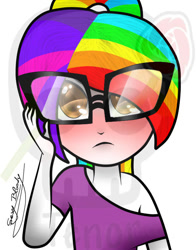 Size: 591x753 | Tagged: safe, artist:djdupstep15, imported from derpibooru, human, equestria girls, blushing, bust, clothes, female, glasses, multicolored hair, rainbow hair, signature, solo