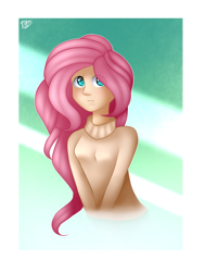 Size: 970x1284 | Tagged: safe, artist:prettyshinegp, imported from derpibooru, fluttershy, human, abstract background, bust, clothes, eye clipping through hair, female, humanized, signature, solo, sweater, sweatershy