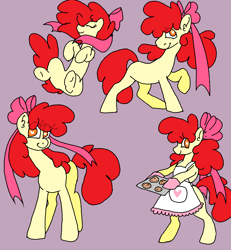 Size: 1378x1490 | Tagged: safe, artist:missshovell, imported from derpibooru, apple bloom, earth pony, pony, apron, bipedal, clothes, cookie, female, filly, foal, food, heart, heart eyes, lying down, on back, simple background, solo, tray, wingding eyes