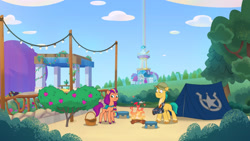 Size: 3410x1920 | Tagged: safe, imported from derpibooru, screencap, hitch trailblazer, sunny starscout, earth pony, pony, spoiler:g5, spoiler:my little pony: tell your tale, spoiler:tyts01e19, bag, basket, berry, crystal brighthouse, duo, female, fireplace, food, g5, hat, high res, lost in translation (episode), male, mare, medical saddlebag, my little pony: tell your tale, saddle bag, safari hat, smiling, stallion, stool, tent, tree, youtube link