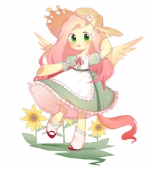 Size: 2689x3115 | Tagged: safe, artist:dreamsugar, imported from derpibooru, fluttershy, pegasus, semi-anthro, clothes, dress, female, flower, grass, hat, looking at you, mare, open mouth, shoes, simple background, socks, solo, spread wings, sunflower, underhoof, white background, wings