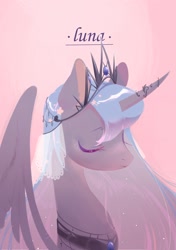 Size: 1748x2480 | Tagged: safe, artist:dreamsugar, imported from derpibooru, princess luna, alicorn, pony, bust, curved horn, eyes closed, female, horn, jewelry, mare, pink background, portrait, profile, regalia, simple background, solo, wings