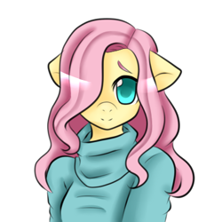 Size: 400x400 | Tagged: safe, artist:jozalynn-chasity, imported from derpibooru, fluttershy, anthro, clothes, cute, female, hair over one eye, looking at you, mare, shyabetes, simple background, smiling, smiling at you, solo, turtleneck, white background