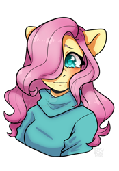 Size: 1024x1474 | Tagged: safe, artist:jozalynn-chasity, imported from derpibooru, fluttershy, anthro, bust, clothes, cute, deviantart watermark, female, hair over one eye, looking at you, mare, obtrusive watermark, redraw, shyabetes, simple background, solo, transparent background, turtleneck, watermark, wavy mouth