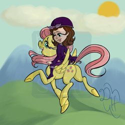 Size: 1280x1280 | Tagged: safe, artist:doloreshazelnutter, imported from derpibooru, fluttershy, human, pegasus, pony, amulet, butt, crossover, duo, duo female, female, flutterbutt, humans riding ponies, jewelry, mare, necklace, obtrusive watermark, plot, princess sofia, riding, sofia the first, watermark