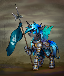 Size: 2544x3000 | Tagged: safe, artist:helmie-art, imported from derpibooru, oc, oc:kryostasis, changeling, armor, blue changeling, changeling hive, changeling oc, flag, halberd, male, plate armor, solo, weapon