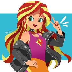 Size: 766x766 | Tagged: safe, artist:efuji_d, imported from derpibooru, sunset shimmer, human, bare shoulders, clothes, female, hand on hip, humanized, looking at you, open mouth, open smile, peace sign, simple background, smiling, smiling at you, solo, tanktop, white background