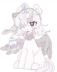 Size: 1316x1665 | Tagged: safe, artist:ginmaruxx, imported from derpibooru, oc, alicorn, pony, :t, female, glowing, glowing horn, horn, japanese, magic, magic aura, mare, simple background, sitting, solo, spoon, telekinesis, white background, wings