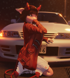 Size: 1900x2120 | Tagged: safe, artist:axus2030, imported from derpibooru, oc, oc only, oc:akiko, anthro, demon, plantigrade anthro, succubus, 3d, anthro oc, blender, boots, car, clothes, double tail, elf ears, female, high res, holding, horns, jacket, kneeling, looking at you, multiple tails, night, nissan, nissan skyline, outdoors, platform boots, road, shoes, shy, signature, skirt, smiling, smiling at you, smirk, solo, street, tail