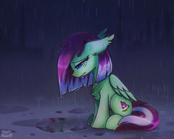 Size: 2560x2048 | Tagged: safe, artist:sugar morning, imported from derpibooru, oc, oc only, oc:watermelon success, pegasus, pony, commission, crying, depressed, female, mare, puddle, rain, sad, sitting, solo