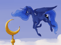 Size: 1500x1098 | Tagged: safe, artist:madhotaru, imported from derpibooru, princess luna, alicorn, pony, cloud, ethereal mane, ethereal tail, female, flying, mare, missing accessory, mosque, pun, sky, slim, solo, spread wings, starry mane, starry tail, tail, thin, thin legs, visual pun, wings