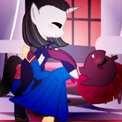 Size: 894x894 | Tagged: safe, artist:decokenite, artist:fallen--fate, imported from derpibooru, chancellor neighsay, fizzlepop berrytwist, tempest shadow, pony, unicorn, blushing, bracelet, canterlot, canterlot castle, clothes, dancing, dress, eyeshadow, female, gala, gala dress, holding a pony, jewelry, makeup, male, mare, necklace, shipping, smiling, stallion, straight, suit, tempest neighsay, tuxedo