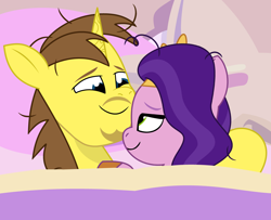 Size: 1920x1557 | Tagged: safe, artist:grapefruit-face, edit, edited screencap, imported from derpibooru, part of a set, screencap, pipp petals, oc, oc:grapefruit face, pegasus, pony, unicorn, afterglow, bed, blushing, canon x oc, cuddling, eyes closed, g5, grapepipp, looking back, messy mane, my little pony: tell your tale, shipping, snuggling