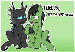 Size: 1186x814 | Tagged: safe, artist:sefastpone, imported from derpibooru, thorax, oc, oc:anon stallion, changeling, earth pony, pony, abstract background, canon x oc, digital art, gay, holding hooves, looking at each other, looking at someone, male, positive ponies, simple background, sitting, speech bubble, stallion