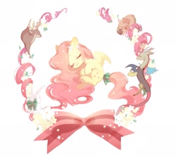 Size: 2353x2129 | Tagged: safe, artist:dreamsugar, imported from derpibooru, discord, fluttershy, deer, draconequus, pegasus, pony, rabbit, reindeer, :3, animal, eyes closed, female, flower, flower in hair, male, mare, ribbon, simple background, underhoof, white background, wings