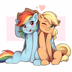 Size: 2048x2048 | Tagged: safe, artist:applesartt, imported from derpibooru, applejack, rainbow dash, earth pony, pegasus, pony, accessory swap, appledash, applejack's hat, cowboy hat, cute, dashabetes, duo, duo female, eye clipping through hair, female, freckles, hat, heart, hug, jackabetes, lesbian, looking at you, mare, one eye closed, open mouth, raised hoof, shipping, simple background, sitting, white background, winghug, wings, wink