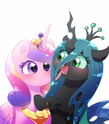 Size: 3000x3400 | Tagged: safe, artist:leo19969525, imported from derpibooru, princess cadance, queen chrysalis, alicorn, changeling, changeling queen, pony, blushing, cadalis, crown, cute, cutealis, cutedance, duo, duo female, female, g4, green eyes, horn, infidelity, jewelry, lesbian, mane, mare, open mouth, purple eyes, regalia, shipping, simple background, tail, white background, wings