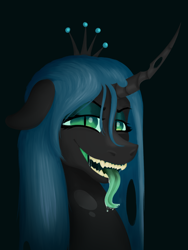 Size: 1500x2000 | Tagged: source needed, safe, artist:oldman, imported from derpibooru, queen chrysalis, changeling, changeling queen, bust, crown, female, forked tongue, green tongue, jewelry, mare, portrait, regalia, sharp teeth, simple background, solo, teeth, tongue out