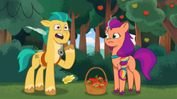 Size: 3410x1920 | Tagged: safe, imported from derpibooru, screencap, hitch trailblazer, sunny starscout, earth pony, pony, spoiler:g5, spoiler:my little pony: tell your tale, spoiler:tyts01e19, apple, basket, duo, female, food, frown, g5, high res, lost in translation (episode), male, mare, my little pony: tell your tale, open mouth, stallion, tree, youtube link