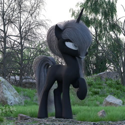 Size: 1280x1280 | Tagged: safe, artist:thelunagames, imported from derpibooru, oc, pony, unicorn, 3d, black and white, blank flank, cinema, cinema4d, grass, grayscale, monochrome, render, rock, solo, tree