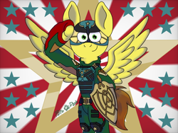 Size: 1024x768 | Tagged: safe, artist:patodashoficial, imported from derpibooru, oc, oc only, oc:shooting thrillstar, pegasus, clothes, cosplay, costume, helmet, patodashoficial, pegasus oc, shield, simple background, soldier, soldier boy, spread wings, the boys, wings