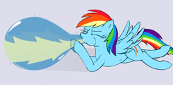 Size: 2603x1282 | Tagged: safe, artist:mizhisha, imported from derpibooru, rainbow dash, pegasus, pony, balloon, balloon fetish, blowing, blowing up balloons, eyebrows, eyes closed, female, fetish, flying, gray background, loonerdash, mare, puffy cheeks, rainblow dash, shadow, simple background, solo, spread wings, that pony sure does love balloons, wings