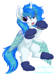 Size: 1060x1440 | Tagged: safe, artist:twinkling, artist:willow krick, imported from derpibooru, oc, oc only, alicorn, pony, alicorn oc, chest fluff, cute, cute little fangs, fangs, horn, paw gloves, simple background, solo, white background, wings