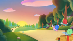 Size: 3410x1920 | Tagged: safe, imported from derpibooru, screencap, hitch trailblazer, sunny starscout, earth pony, pony, raccoon, snail, spoiler:g5, spoiler:my little pony: tell your tale, spoiler:tyts01e19, chase, female, g5, hat, high res, lost in translation (episode), male, mare, my little pony: tell your tale, pegasnail, raccoonicorn, running, stallion, sunset, youtube link