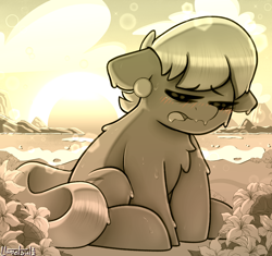 Size: 1130x1062 | Tagged: safe, artist:llametsul, imported from derpibooru, ms. harshwhinny, earth pony, pony, atg 2022, chest fluff, cute, drool, exhausted, eyes closed, floppy ears, monochrome, ms. cutewhinny, newbie artist training grounds, solo, sun, sweat, tired