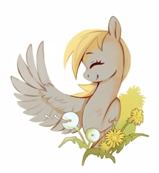 Size: 2430x2640 | Tagged: safe, artist:anotherdeadrat, imported from derpibooru, derpy hooves, pegasus, pony, derp, eyes closed, female, flower, mare, profile, simple background, smiling, solo, white background, wings