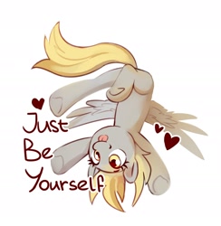 Size: 1884x1932 | Tagged: safe, artist:anotherdeadrat, imported from derpibooru, derpy hooves, pegasus, pony, cute, derp, derpabetes, female, heart, mare, positive ponies, simple background, smiling, solo, spread wings, text, tongue out, underhoof, upside down, white background, wholesome, wings