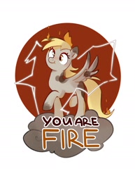 Size: 1700x2200 | Tagged: safe, artist:anotherdeadrat, imported from derpibooru, derpy hooves, pegasus, pony, :t, circle background, cloud, derp, female, fire, mare, raised hoof, raised leg, simple background, solo, spread wings, text, white background, wings