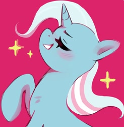 Size: 1200x1218 | Tagged: safe, artist:anotherdeadrat, imported from derpibooru, trixie, pony, unicorn, eyes closed, horn, pride, pride flag, profile, raised hoof, simple background, smiling, solo, sparkles, trans trixie, transgender, transgender pride flag