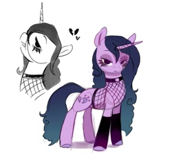 Size: 1263x1200 | Tagged: safe, artist:anotherdeadrat, imported from derpibooru, izzy moonbow, pony, unicorn, clothes, female, fishnets, g5, goth, goth izzy, heart, heartbreak, horn, lidded eyes, looking at you, mare, profile, simple background, solo, white background