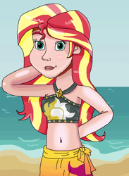 Size: 749x1024 | Tagged: safe, artist:ocean lover, imported from derpibooru, sunset shimmer, human, arm behind head, bare shoulders, beach, belly button, bikini, bikini babe, bikini top, black swimsuit, clothes, cute, cutie mark on clothes, cutie mark swimsuit, diamond, disney style, female, human coloration, humanized, jeweled swimsuit, lips, looking at you, midriff, ocean, outdoors, outfit, pose, red hair, sand, sarong, shiny, shiny skin, sky, sleeveless, smiling, smiling at you, solo, sultry pose, summer sunset, sunset shimmer swimsuit, sunset shimmer's beach shorts swimsuit, swimsuit, teal eyes, towel, towel around waist, water, wave