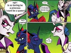 Size: 478x356 | Tagged: safe, edit, idw, imported from derpibooru, princess celestia, princess luna, alicorn, pony, reflections, spoiler:comic20, comic, evil celestia, evil counterpart, evil luna, female, incest, lesbian, mirror universe, princest, shipping, siblings, sisters