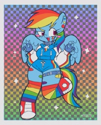 Size: 1249x1547 | Tagged: safe, artist:cosmiiccrayons, imported from derpibooru, rainbow dash, anthro, pegasus, bandage, bandaid, blushing, checkered background, clothes, collar, converse, double peace sign, ear piercing, earring, female, fingerless gloves, garter, gloves, hoodie, hoof shoes, jewelry, mare, peace sign, piercing, rainbow background, rainbow socks, shoes, shorts, smiling, sneakers, socks, solo, sparkles, spread wings, striped socks, wings