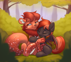 Size: 2000x1740 | Tagged: safe, artist:kittytitikitty, imported from derpibooru, oc, oc only, oc:akura, oc:kada, bat pony, pony, wolf, wolf pony, bat wings, blossomwolf, branches, chest fluff, cuntboy, cuntboy oc, cute, duo, ear fluff, fluffy tail, forest, freckles, hooves, hug, intersex, looking away, male, male oc, parent:oc:akura, paws, petals, tail, tree, tree branch, two toned mane, two toned tail, uncomfortable, white belly, wings