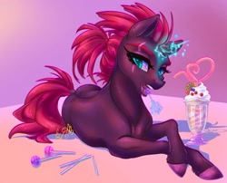 Size: 2048x1655 | Tagged: safe, artist:candasaurus, imported from derpibooru, fizzlepop berrytwist, tempest shadow, pony, unicorn, broken horn, candy, crazy straw, dock, drinking straw, eye scar, food, glowing, glowing horn, horn, licking, lollipop, looking at you, lying down, magic, milkshake, ponytail, prone, scar, silly straw, solo, sparking horn, tail, telekinesis, tongue out