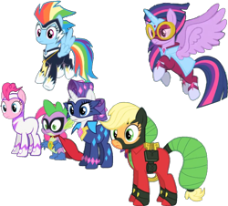 Size: 944x855 | Tagged: safe, artist:pascalmulokozi2, edit, edited screencap, imported from derpibooru, screencap, applejack, fili-second, humdrum, masked matter-horn, mistress marevelous, pinkie pie, radiance, rainbow dash, rarity, spike, twilight sparkle, zapp, alicorn, dragon, earth pony, pegasus, pony, unicorn, background removed, power ponies, simple background, surprised, transparent background, twilight sparkle (alicorn), worried