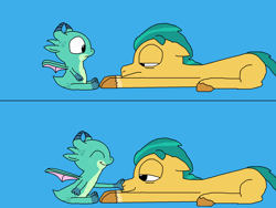 Size: 2000x1500 | Tagged: safe, artist:blazewing, imported from derpibooru, hitch trailblazer, dragon, earth pony, pony, 2 panel comic, atg 2022, baby, baby dragon, blue background, boop, colored background, comic, cute, exhausted, eyes closed, father and child, father and son, g5, lying down, male, newbie artist training grounds, papa hitch, simple background, smiling, sparky sparkeroni, stallion, tired