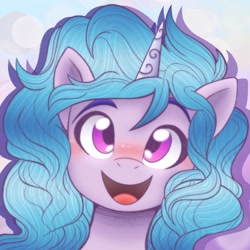 Size: 2048x2048 | Tagged: safe, artist:balychen, imported from derpibooru, part of a set, izzy moonbow, pony, unicorn, blushing, bust, cute, female, g5, horn, izzybetes, looking at you, mare, open mouth, open smile, simple background, smiling, solo
