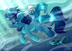 Size: 1920x1358 | Tagged: safe, artist:julunis14, imported from derpibooru, oc, oc only, oc:deepsea dive, fish, pony, unicorn, blue eyes, blue mane, bubble, chest fluff, crepuscular rays, digital art, flowing mane, flowing tail, horn, ocean, seaweed, signature, smiling, solo, sunlight, swimming, tail, underwater, water