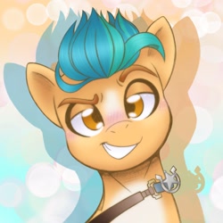 Size: 2048x2048 | Tagged: safe, artist:balychen, imported from derpibooru, part of a set, hitch trailblazer, earth pony, pony, blushing, bust, cute, g5, hitchbetes, looking at you, male, sheriff, sheriff's badge, simple background, smiling, smiling at you, solo, stallion