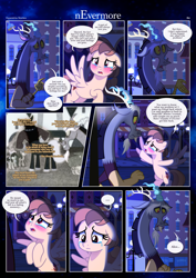 Size: 3259x4607 | Tagged: safe, artist:estories, imported from derpibooru, discord, lord tirek, oc, oc:alice goldenfeather, centaur, draconequus, pegasus, pony, taur, comic:nevermore, blushing, comic, crying, female, high res, male, mare, pegasus oc, speech bubble, wings