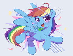 Size: 2101x1631 | Tagged: safe, artist:cherrnichka, imported from derpibooru, rainbow dash, pegasus, pony, backwards cutie mark, cute, dashabetes, female, flying, full body, hooves, mare, open mouth, open smile, shading, signature, smiling, solo, spread wings, wings