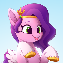 Size: 1000x1000 | Tagged: safe, artist:luminousdazzle, imported from derpibooru, pipp petals, pegasus, pony, spoiler:g5, spoiler:my little pony: tell your tale, spoiler:tyts01e11, :p, adorapipp, bust, cute, ear fluff, feathered fetlocks, female, g5, gradient background, jewelry, mare, maretime bay day 2.0, my little pony: tell your tale, scene interpretation, signature, silly, silly pony, simple background, smiling, solo, spread wings, tiara, tongue out, unshorn fetlocks, wings