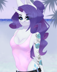 Size: 2484x3103 | Tagged: safe, artist:elektra-gertly, imported from derpibooru, rarity, anthro, unicorn, alternate hairstyle, breasts, clothes, eye clipping through hair, eyebrows, eyebrows visible through hair, female, looking at you, one-piece swimsuit, reasonably sized breasts, solo, swimsuit, tattoo