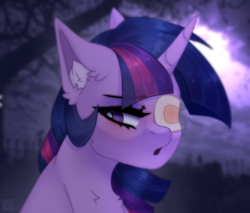 Size: 2540x2160 | Tagged: safe, artist:elektra-gertly, imported from derpibooru, twilight sparkle, pony, unicorn, :o, bandage, chest fluff, ear fluff, eyepatch, open mouth, solo, tree, unicorn twilight